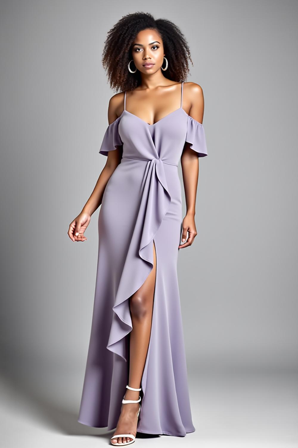 Dreamyannie Cold Shoulder Ruffled Lilac Long Formal Dress With Slit