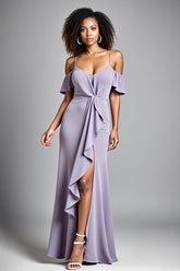 Dreamyannie Cold Shoulder Ruffled Lilac Long Formal Dress With Slit