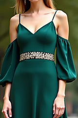 Dreamyannie Cold Shoulder Satin Dark Green Wedding Guest Dress Long Formal Dress