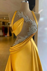 Dreamyannie Column Satin Halter Sleeveless Yellow Evening Dress With Beading