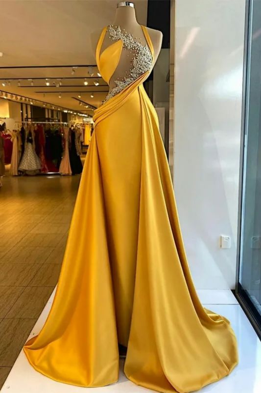 Dreamyannie Column Satin Halter Sleeveless Yellow Evening Dress With Beading