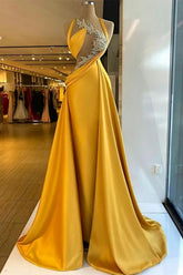 Dreamyannie Column Satin Halter Sleeveless Yellow Evening Dress With Beading