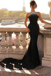 Dreamyannie Column Satin Prom Dress High Neck Sleeveless Black Formal Dress With Beading