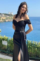 Dreamyannie Column Satin Prom Dress Lace Off The Shoulder Sleeveless Black Formal Dress With Slit