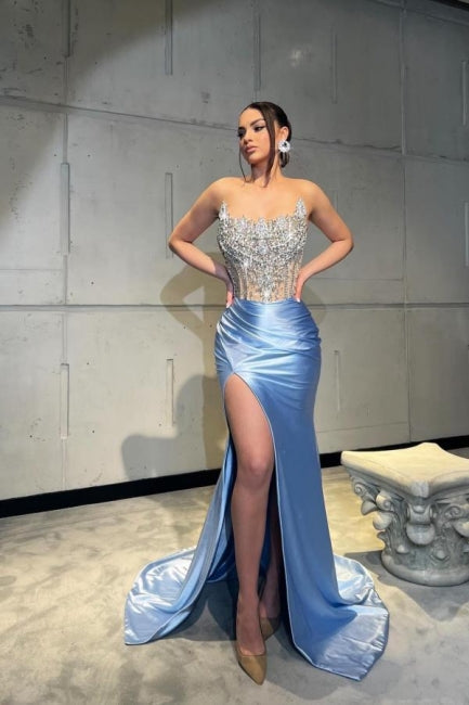 Dreamyannie Column Satin Prom Dress Lace Sleeveless Formal Dress With Split