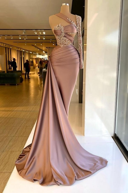 Dreamyannie Column Satin Prom Dress One Shoulder Sleeve Formal Dress