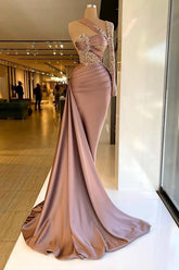 Dreamyannie Column Satin Prom Dress One Shoulder Sleeve Formal Dress