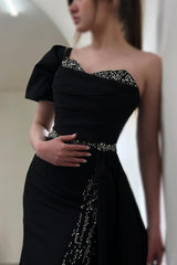Dreamyannie Column Satin Prom Dress One Shoulder Sleeveless Formal Dress With Sequined Split