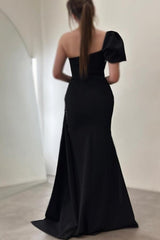 Dreamyannie Column Satin Prom Dress One Shoulder Sleeveless Formal Dress With Sequined Split