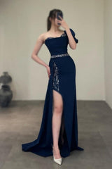 Dreamyannie Column Satin Prom Dress One Shoulder Sleeveless Formal Dress With Sequined Split