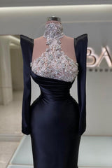 Dreamyannie Column Satin Prom Dress Sleeve Black Formal Dress With Rhinestone Train