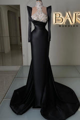 Dreamyannie Column Satin Prom Dress Sleeve Black Formal Dress With Rhinestone Train