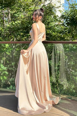 Dreamyannie Column Satin Prom Dress Square Sleeveless Formal Dress With Split Train