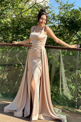Dreamyannie Column Satin Prom Dress Square Sleeveless Formal Dress With Split Train