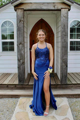 Dreamyannie Column Satin Scoop Sleeveless Blue Prom Dress Evening Dress With Appliques Slit