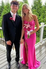 Dreamyannie Column Satin Spaghetti Straps Sleeveless Pink Prom Dress Evening Dress With Appliques Slit