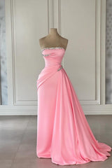 Dreamyannie Column Satin Strapless Sleeveless Pink Prom Dress Evening Dress With Rhinestone