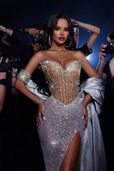 Dreamyannie Column Sweetheart Sleeveless Sequined Slit Tulle Formal Dress With Rhinestones