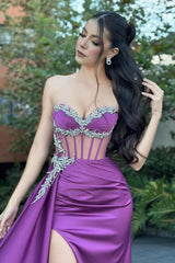 Dreamyannie Column Tulle Satin Sweetheart Sleeveless Evening Dress With Slit
