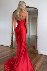 Dreamyannie Corset Red Prom Dress Satin Sweetheart Evening Dress With Slit