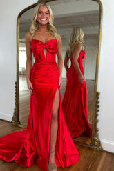 Dreamyannie Corset Red Prom Dress Satin Sweetheart Evening Dress With Slit