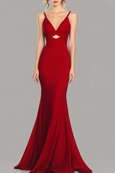 Dreamyannie Cut Out Red Wedding Guest Dress V-Neck Mermaid Spaghetti Straps Formal Dress