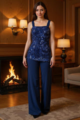Dreamyannie Dark Blue Floral Chiffon 3 Piece Mother Of The Bride Pant Suits With Jacket