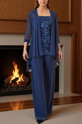 Dreamyannie Dark Blue Floral Chiffon 3 Piece Mother Of The Bride Pant Suits With Jacket