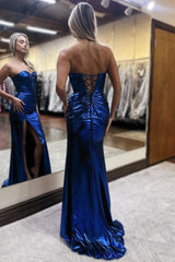 Dreamyannie Dark Blue Prom Dress Metallic Sweetheart Mermaid Formal Dress With Slit