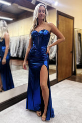 Dreamyannie Dark Blue Prom Dress Metallic Sweetheart Mermaid Formal Dress With Slit