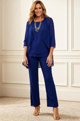 Dreamyannie Dark Blue Round Neck Chiffon 3 Piece Mother Of The Bride Pant Suits With Jacket