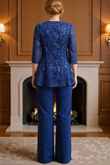 Dreamyannie Dark Blue Sequin Boat Neck 3 Piece Mother Of The Bride Pant Suits With Jacket