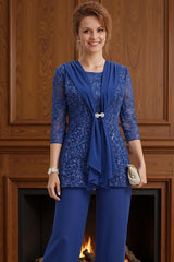 Dreamyannie Dark Blue Sequin Boat Neck 3 Piece Mother Of The Bride Pant Suits With Jacket