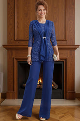 Dreamyannie Dark Blue Sequin Boat Neck 3 Piece Mother Of The Bride Pant Suits With Jacket