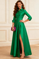 Dreamyannie Dark Green A Line Lapel Floor Length Mother Of The Bride Dress With Slit