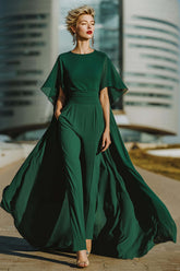 Dreamyannie Dark Green Boat Neck Long Mother Of The Bride Jumpsuits With Cape