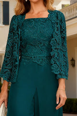 Dreamyannie Dark Green Chiffon Square Neck 3 Piece Mother Of The Bride Pant Suits With Jacket