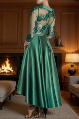 Dreamyannie Dark Green Floral Satin A Line Bateau Neck High Low Mother Of The Bride Dress