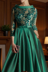 Dreamyannie Dark Green Floral Satin A Line Bateau Neck High Low Mother Of The Bride Dress
