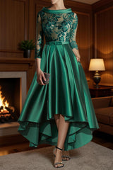 Dreamyannie Dark Green Floral Satin A Line Bateau Neck High Low Mother Of The Bride Dress