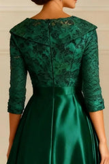 Dreamyannie Dark Green Jacquard A Line Tea Length Mother Of The Bride Dress With Sleeves