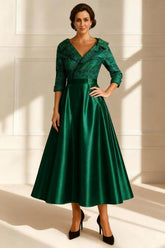 Dreamyannie Dark Green Jacquard A Line Tea Length Mother Of The Bride Dress With Sleeves