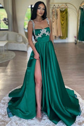 Dreamyannie Dark Green Prom Dress A Line Sleeveless Rhinestones Satin Evening Dress With Slit
