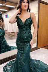 Dreamyannie Dark Green Prom Dress Mermaid Lace-Up Back Long Evening Dress With 3D Flowers