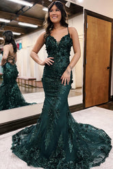 Dreamyannie Dark Green Prom Dress Mermaid Lace-Up Back Long Evening Dress With 3D Flowers