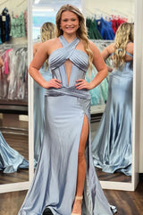 Dreamyannie Dark Green Prom Dress Mermaid Ruche Halter Long Evening Dress With Slit