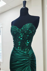 Dreamyannie Dark Green Prom Dress Mirror Mermaid Sweetheart Long Evening Dress With Slit