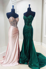 Dreamyannie Dark Green Prom Dress Mirror Mermaid Sweetheart Long Evening Dress With Slit