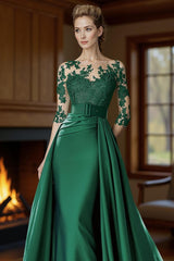 Dreamyannie Dark Green Satin Mermaid Bateau Neck Floor Length Mother Of The Bride Dress With Cape