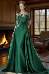 Dreamyannie Dark Green Satin Mermaid Bateau Neck Floor Length Mother Of The Bride Dress With Cape